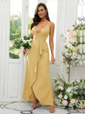 A-Line/Princess Silk like Satin Ruffles V-neck Sleeveless Floor-Length Bridesmaid Dresses Prom Dress