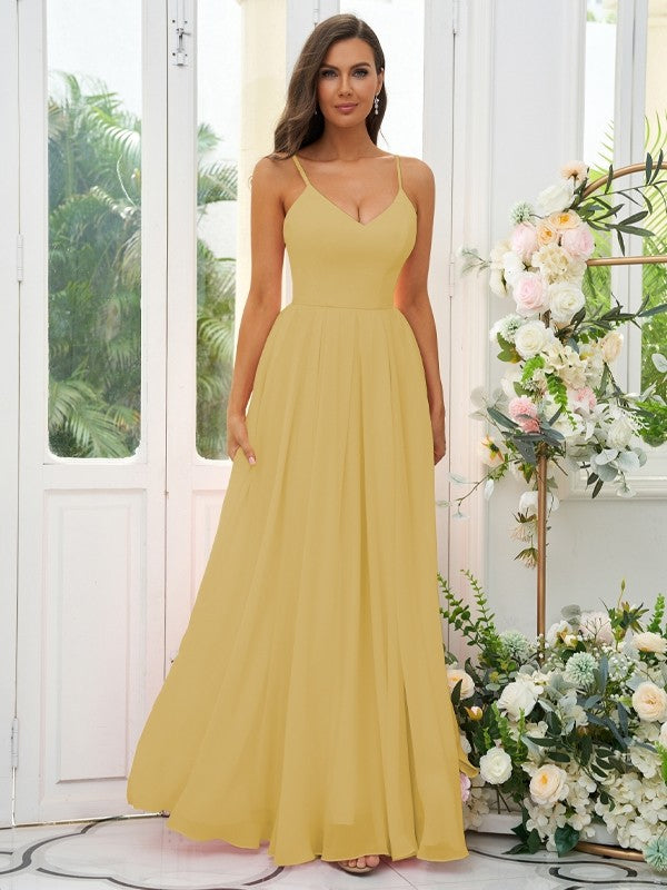 A-Line/Princess Chiffon Ruffles V-neck Sleeveless Floor-Length Bridesmaid Dresses Evening Dress