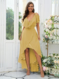 A-Line/Princess Chiffon Ruffles V-neck Short Sleeves Asymmetrical Bridesmaid Dresses Prom Dress