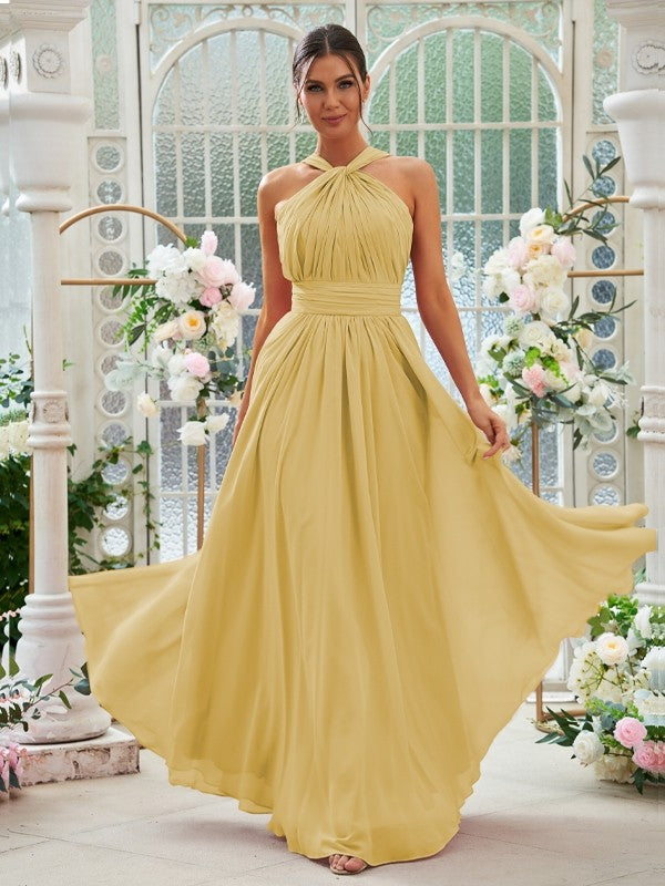 A-Linie/Princess-Linie Chiffon Rüschen Neckholder Ärmellos Bodenlang Brautjungfernkleider Abendkleid