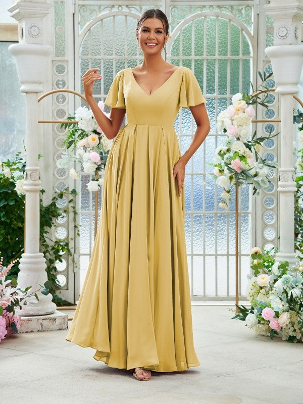 A-Line/Princess Chiffon Ruffles V-neck Short Sleeves Floor-Length Bridesmaid Dresses Evening Prom Dress