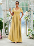 A-Line/Princess Chiffon Ruffles V-neck Short Sleeves Floor-Length Bridesmaid Dresses Evening Prom Dress