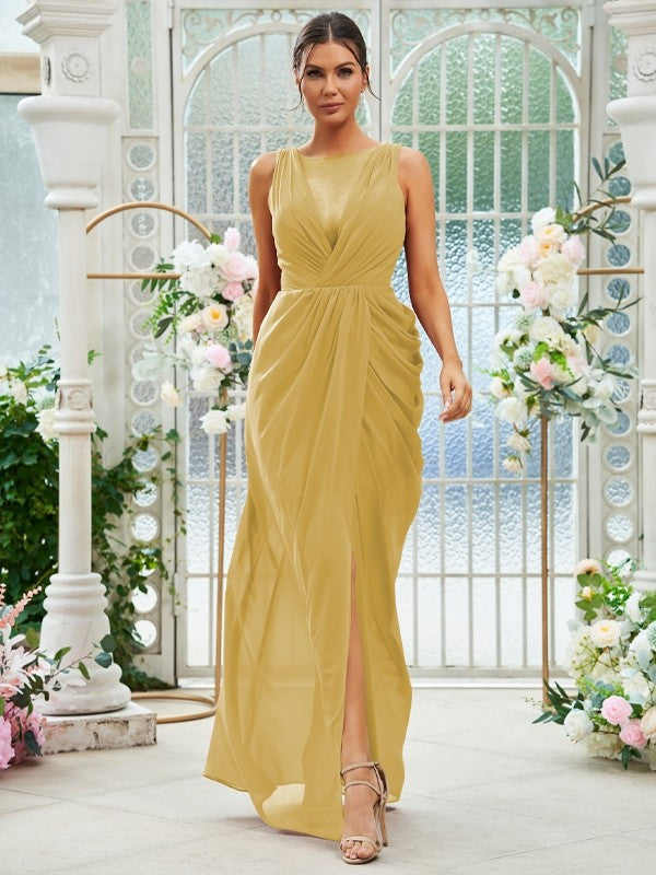 Sheath/Column Chiffon Ruched Scoop Sleeveless Floor-Length Bridesmaid Dresses Evening Dress