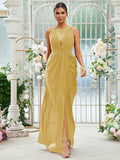 Sheath/Column Chiffon Ruched Scoop Sleeveless Floor-Length Bridesmaid Dresses Evening Dress
