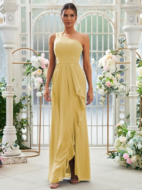 Sheath/Column Chiffon Ruffles One-Shoulder Sleeveless Floor-Length Bridesmaid Dresses Evening Prom Dress