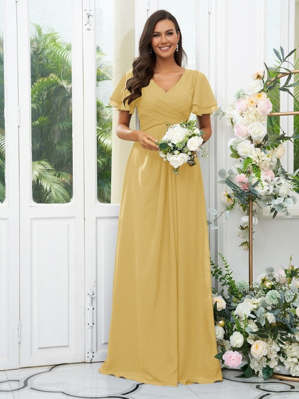 A-Line/Princess Chiffon Ruffles V-neck Short Sleeves Floor-Length Bridesmaid Dresses Evening Dress
