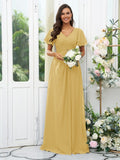 A-Line/Princess Chiffon Ruffles V-neck Short Sleeves Floor-Length Bridesmaid Dresses Evening Dress