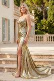 Mermaid Sweetheart Strapless Metallic Empire Prom Dress With Side Slit