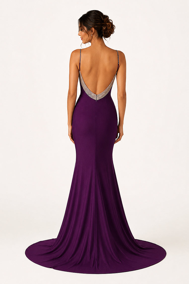 Navy Blue Beaded V-Neck Backless Mermaid Long Prom Dress