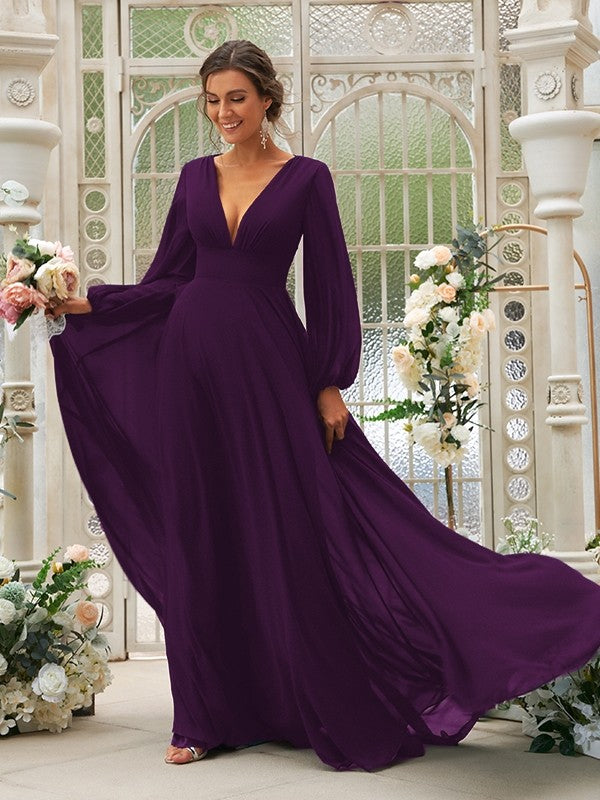 Vestido de dama de honor de corte A/princesa, de gasa, con volantes, escote en V, mangas largas y cola larga, vestido para madre de la novia