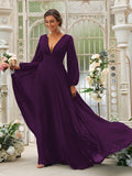 Vestido de dama de honor de corte A/princesa, de gasa, con volantes, escote en V, mangas largas y cola larga, vestido para madre de la novia