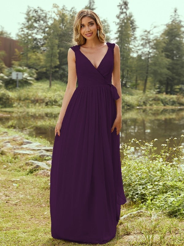 A-Line/Princess Chiffon Ruffles V-neck Sleeveless Floor-Length Bridesmaid Dresses Evening Prom Dress