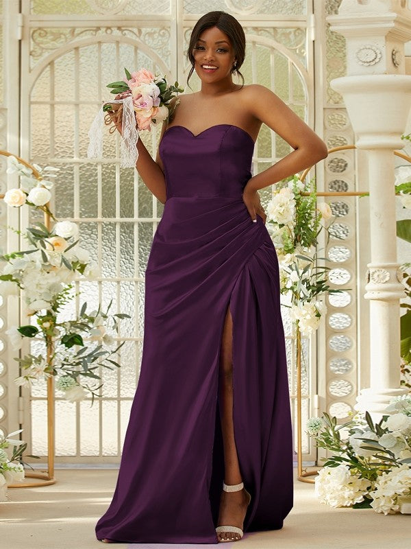 Sheath/Column Silk like Satin Ruched Sweetheart Sleeveless Sweep/Brush Train Bridesmaid Dresses Evening Dress