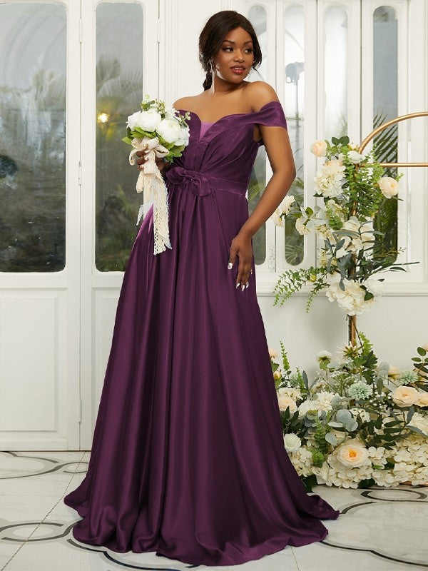 A-Line/Princess Silk like Satin Ruffles Off-the-Shoulder Sleeveless Sweep/Brush Train Bridesmaid Dresses Evening Dress