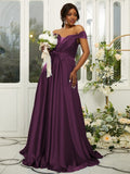A-Line/Princess Silk like Satin Ruffles Off-the-Shoulder Sleeveless Sweep/Brush Train Bridesmaid Dresses Evening Dress