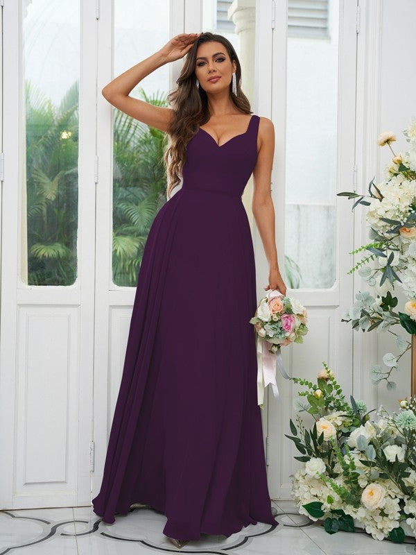 A-Line/Princess Chiffon Ruffles V-neck Sleeveless Floor-Length Bridesmaid Dresses Evening Dress