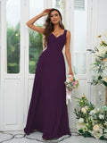 A-Line/Princess Chiffon Ruffles V-neck Sleeveless Floor-Length Bridesmaid Dresses Evening Dress