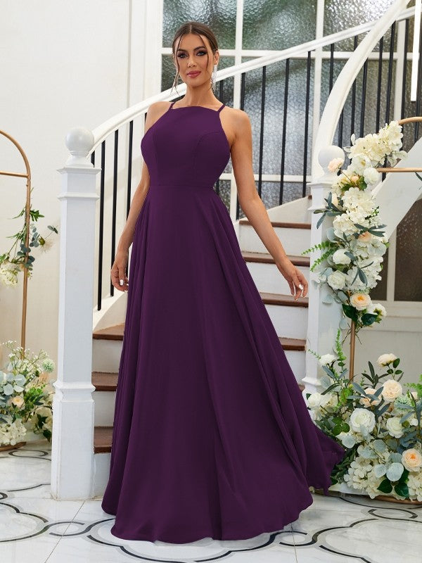 A-Linie/Princess-Linie Chiffon Rüschen Neckholder Ärmellos Bodenlang Brautjungfernkleider Abendkleid