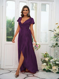 A-Line/Princess Silk like Satin Ruched V-neck Short Sleeves Floor-Length Bridesmaid Dresses Evening Dress