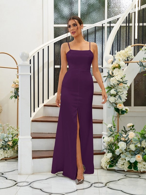A-Line/Princess Silk like Satin Ruffles Spaghetti Straps Sleeveless Floor-Length Bridesmaid Dresses Evening Dress