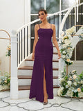 A-Line/Princess Silk like Satin Ruffles Spaghetti Straps Sleeveless Floor-Length Bridesmaid Dresses Evening Dress