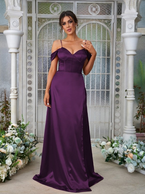 A-Line/Princess Silk like Satin Ruched Sweetheart Sleeveless Sweep/Brush Train Bridesmaid Dresses Evening Dress