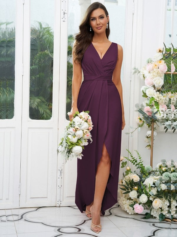 A-Line/Princess Charmeuse Ruched V-neck Sleeveless Sweep/Brush Train Bridesmaid Dresses Evening Dress