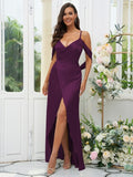 A-Line/Princess Silk like Satin Ruched V-neck Sleeveless Floor-Length Bridesmaid Dresses Evening Dress