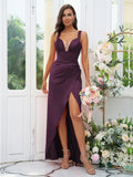 Sheath/Column Charmeuse Ruched V-neck Sleeveless Floor-Length Bridesmaid Dresses Evening Dress