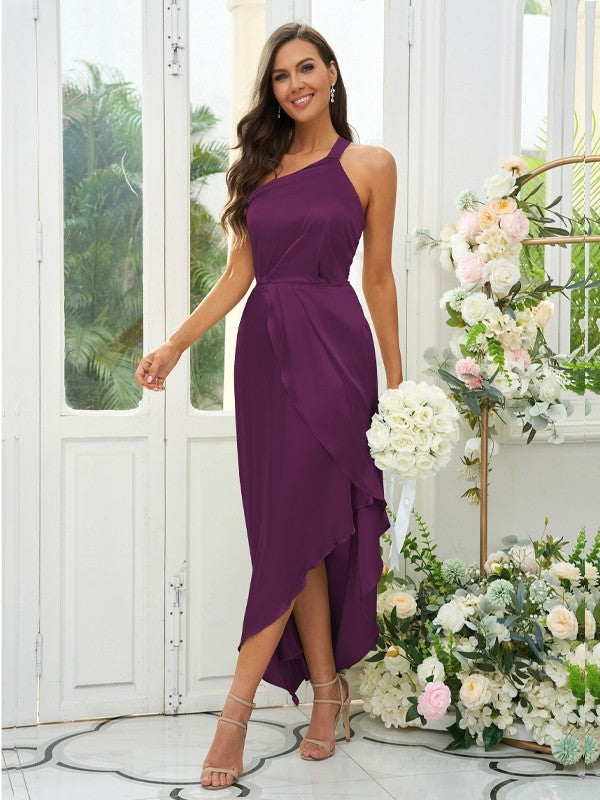 A-Line/Princess Silk like Satin Ruched One-Shoulder Sleeveless Tea-Length Bridesmaid Dresses Evening Prom Dress