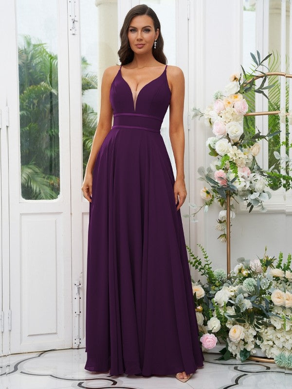 A-Line/Princess Chiffon Ruffles V-neck Sleeveless Floor-Length Bridesmaid Dresses Evening Prom Dress