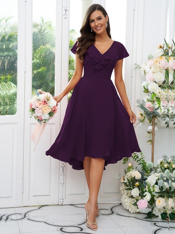 Vestido de dama de honor asimétrico de corte A/princesa, de gasa, con volantes, escote en V y mangas cortas, ideal para invitadas de boda y graduación.