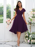 Vestido de dama de honor asimétrico de corte A/princesa, de gasa, con volantes, escote en V y mangas cortas, ideal para invitadas de boda y graduación.