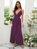 A-Line/Princess Silk like Satin Ruffles V-neck Sleeveless Floor-Length Bridesmaid Dresses Prom Dress