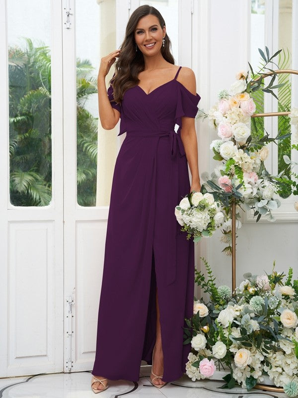 A-Line/Princess Chiffon Ruched V-neck Short Sleeves Floor-Length Bridesmaid Dresses Evening Dress