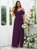A-Line/Princess Chiffon Ruched V-neck Short Sleeves Floor-Length Bridesmaid Dresses Evening Dress
