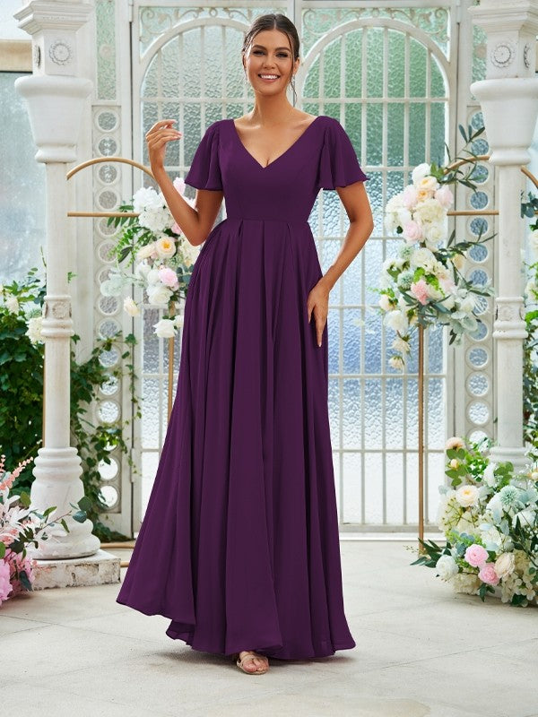 A-Line/Princess Chiffon Ruffles V-neck Short Sleeves Floor-Length Bridesmaid Dresses Evening Prom Dress