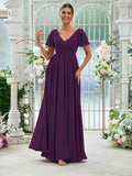 A-Line/Princess Chiffon Ruffles V-neck Short Sleeves Floor-Length Bridesmaid Dresses Evening Prom Dress