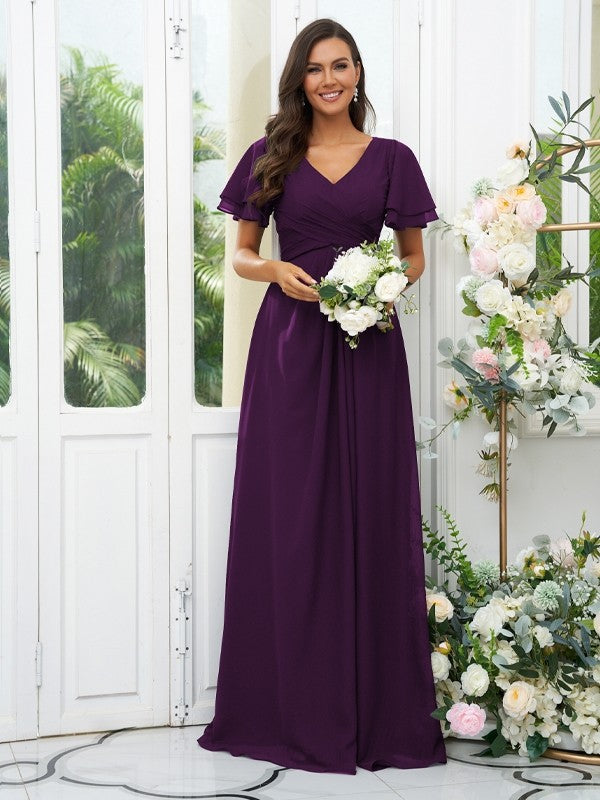 A-Line/Princess Chiffon Ruffles V-neck Short Sleeves Floor-Length Bridesmaid Dresses Evening Dress