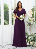 A-Line/Princess Chiffon Ruffles V-neck Short Sleeves Floor-Length Bridesmaid Dresses Evening Dress