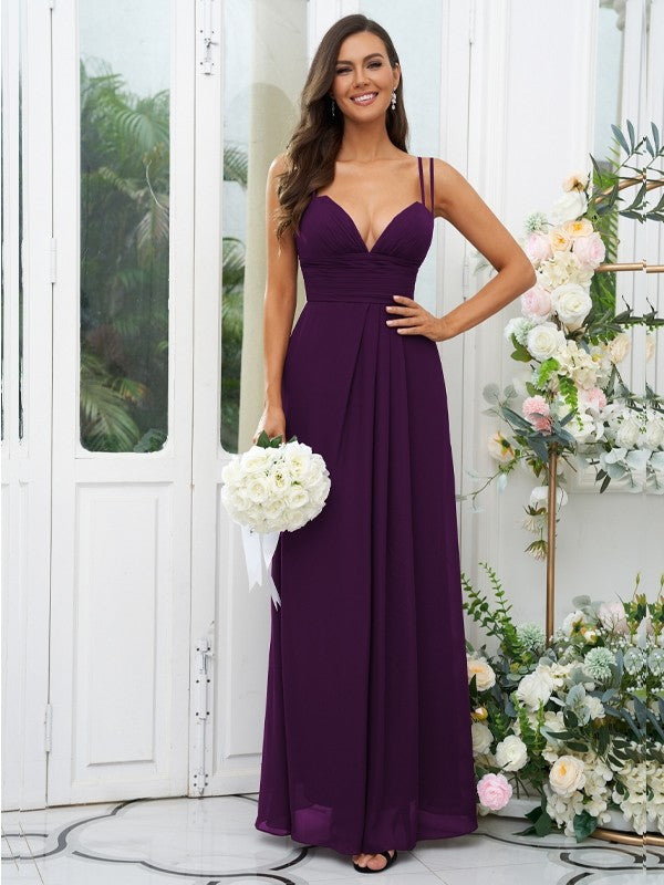 A-Line/Princess Chiffon Ruched V-neck Sleeveless Floor-Length Bridesmaid Dresses Evening Prom Dress