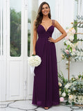 A-Line/Princess Chiffon Ruched V-neck Sleeveless Floor-Length Bridesmaid Dresses Evening Prom Dress