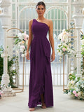 Sheath/Column Chiffon Ruffles One-Shoulder Sleeveless Floor-Length Bridesmaid Dresses Evening Prom Dress