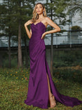 Sheath/Column Silk like Satin Ruched Sweetheart Sleeveless Sweep/Brush Train Bridesmaid Dresses Evening Dress