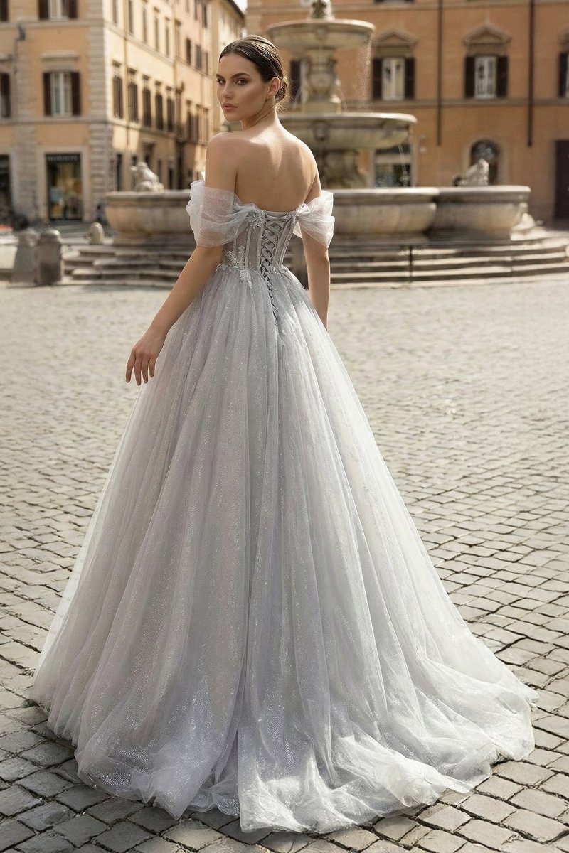 Gray A-Line Off the Shoulder Tulle Prom Dress. Lovely Corset Floor Length Party Dress