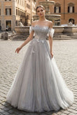 Gray A-Line Off the Shoulder Tulle Prom Dress. Lovely Corset Floor Length Party Dress