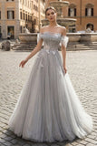 Gray A-Line Off the Shoulder Tulle Prom Dress. Lovely Corset Floor Length Party Dress