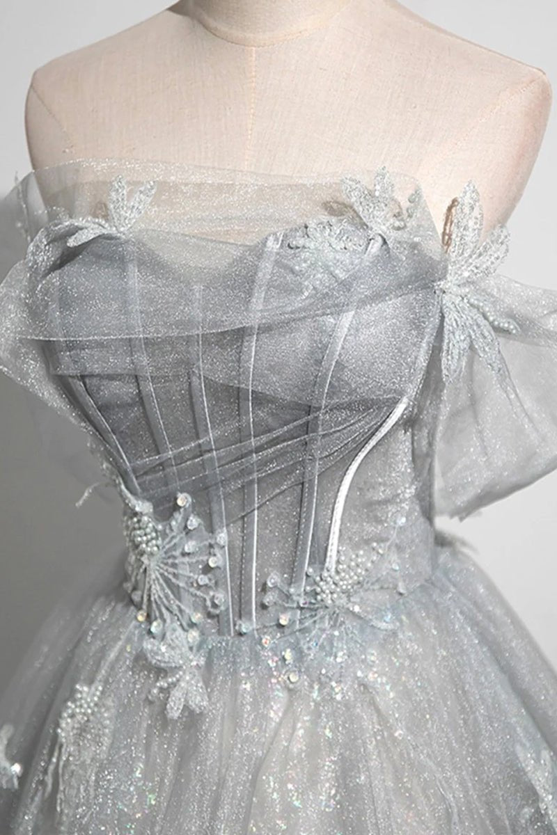 Gray A-Line Off the Shoulder Tulle Prom Dress. Lovely Corset Floor Length Party Dress