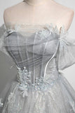 Gray A-Line Off the Shoulder Tulle Prom Dress. Lovely Corset Floor Length Party Dress