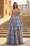 Gray Sweetheart A Line Satin Ruffled Long Prom Dresses With Slit